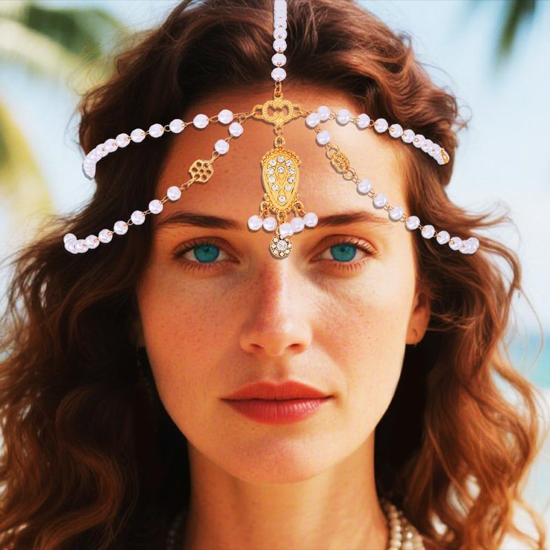 Aukmla Pearl Indian Head Chain Festival Halloween Costume Hair Accessories Boho Headpiece for Women - Image 3